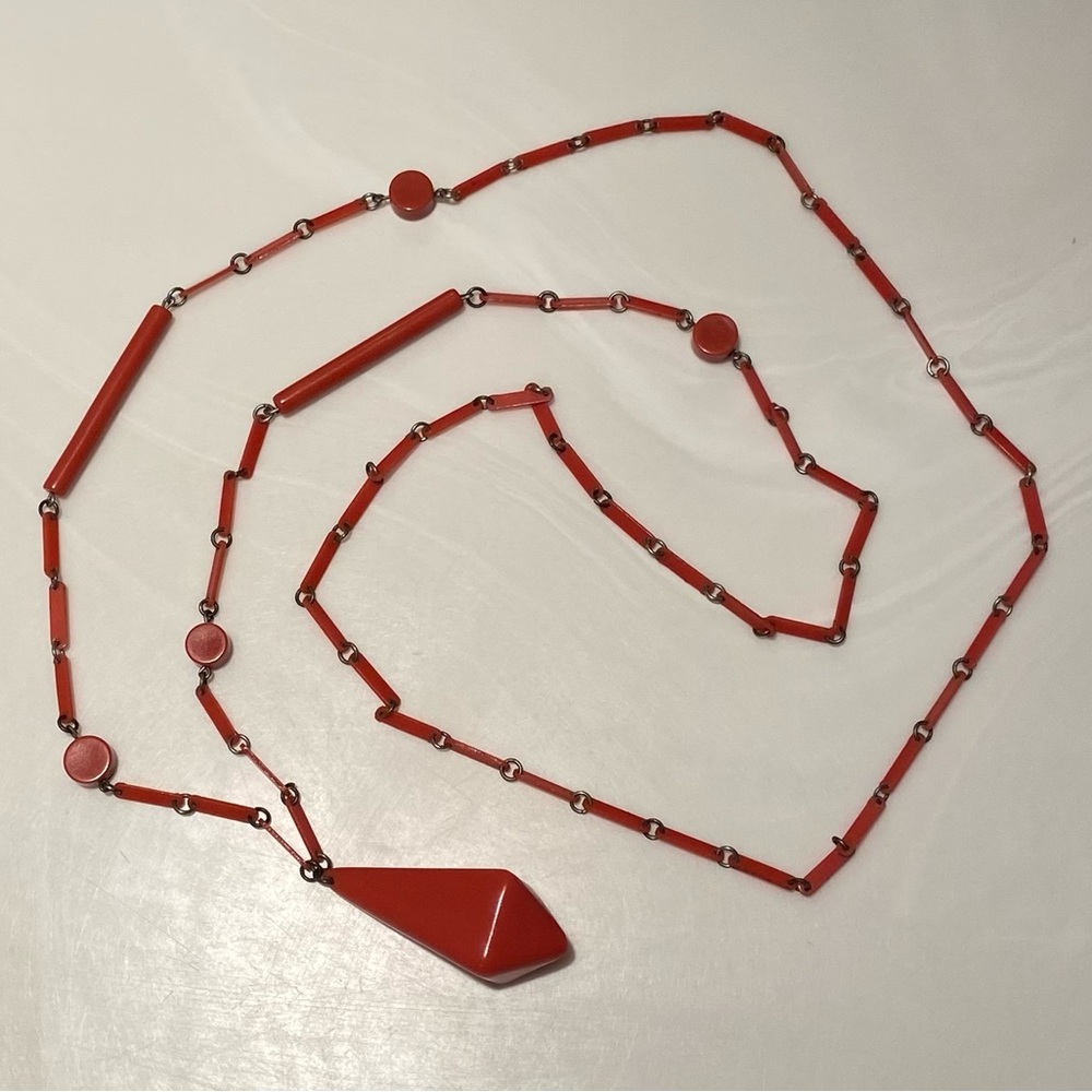 Vintage 20s Art Deco Coral Celluloid Flapper Necklace Catalin Bakelite Beaded - Picture 8 of 8